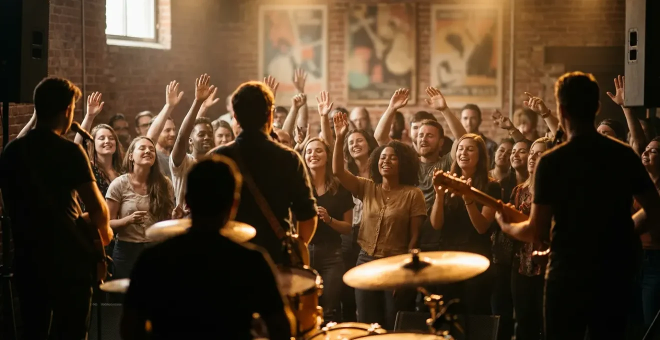 Scène de concert intimiste dans une petite salle régionale avec public engagé et ambiance chaleureuse