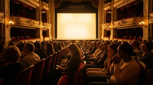 Spectateurs émus et captivés dans une salle de théâtre historique française baignée dans une lumière dorée