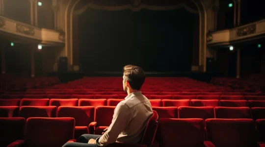 Silhouette d'une personne seule dans une salle de théâtre, éclairée par la lumière de scène