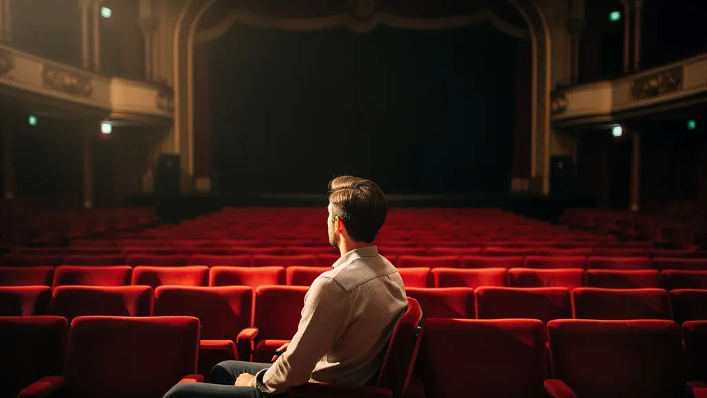 Silhouette d'une personne seule dans une salle de théâtre, éclairée par la lumière de scène