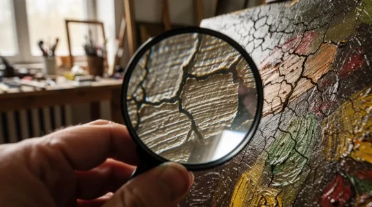 Expert examinant minutieusement un tableau ancien avec une loupe dans un atelier de restauration