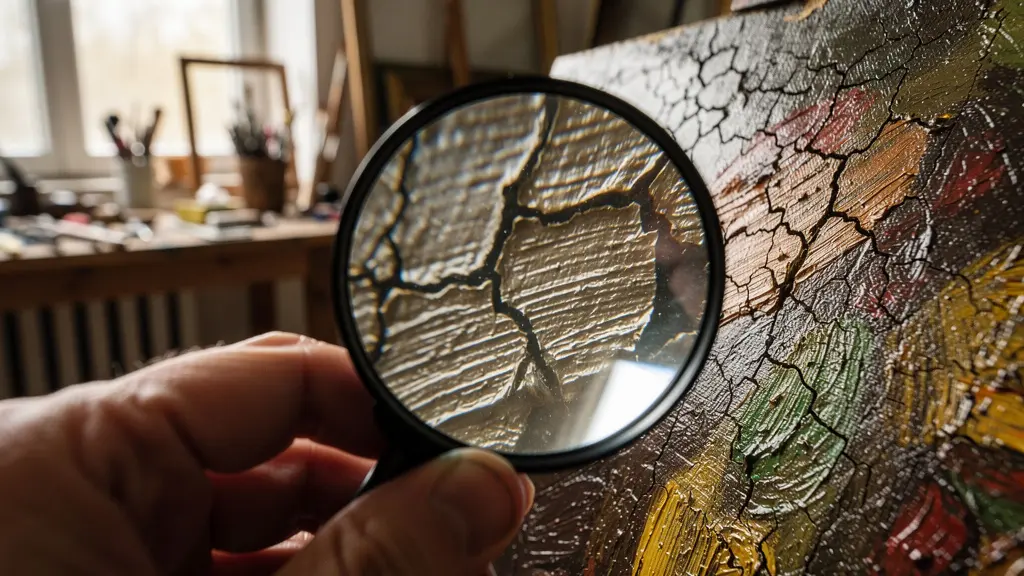 Expert examinant minutieusement un tableau ancien avec une loupe dans un atelier de restauration
