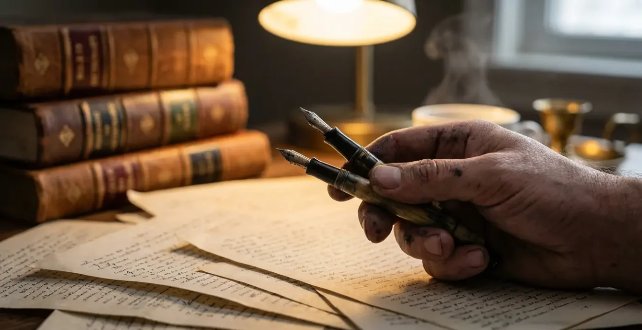 Bureau de traducteur avec manuscrits et dictionnaires dans une ambiance studieuse