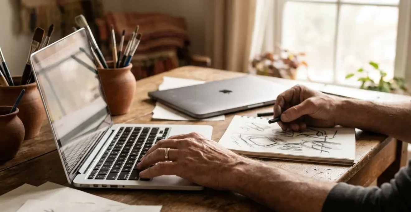 Espace de travail en transition montrant à la fois un ordinateur portable et des outils d'artisan, symbolisant la reconversion professionnelle.
