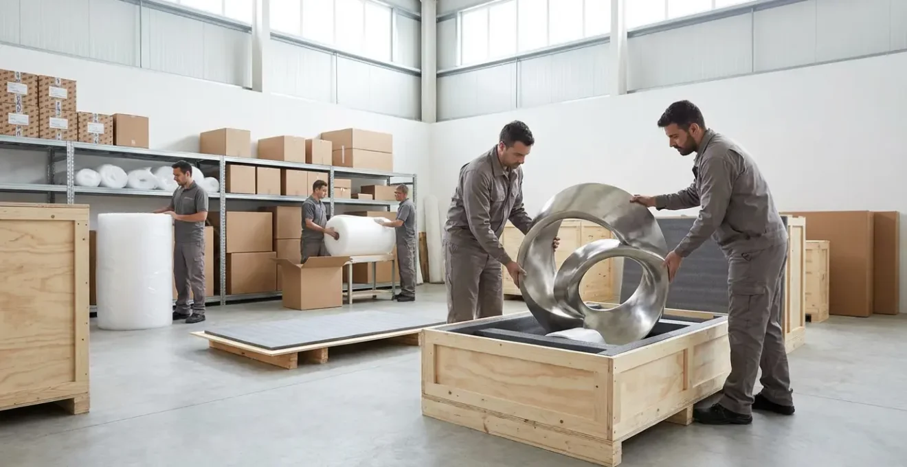 Préparation d'une sculpture en 3D dans une caisse de transport professionnelle avec calages en mousse haute densité