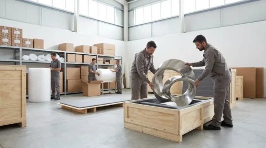 Préparation d'une sculpture en 3D dans une caisse de transport professionnelle avec calages en mousse haute densité
