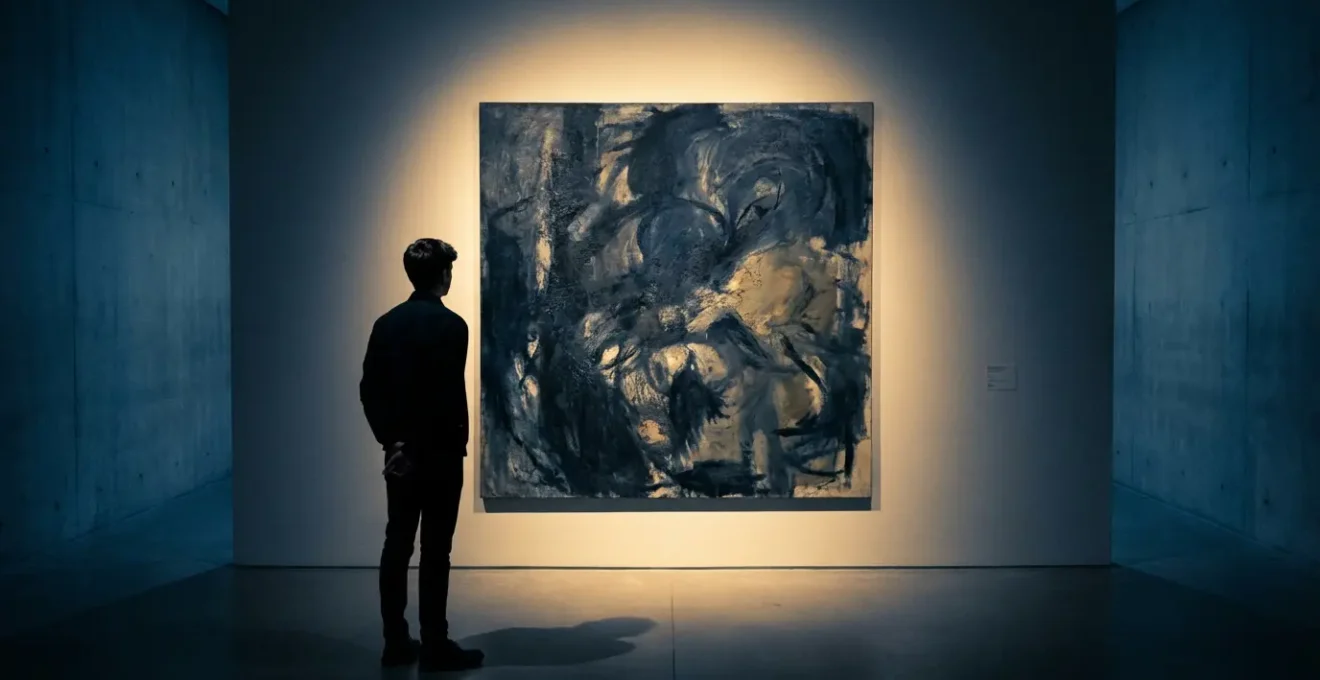 Personne seule en contemplation devant une œuvre d'art dans un musée silencieux